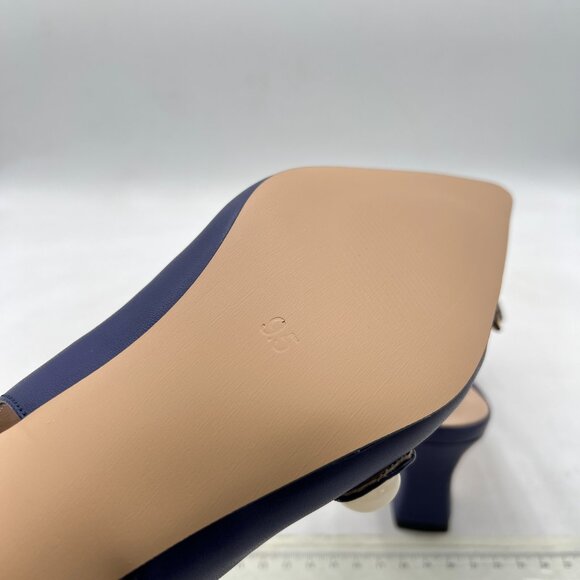 FYS Blue Low Heel Slingback Pearl Pointed Toe Pumps Buckle Slip On Dress Shoes - Picture 6 of 8